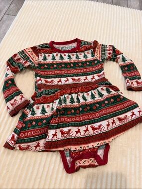 Red, Green & White Holiday Reindeer Dress with Bodysuit